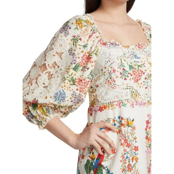 FARM RIO Delicate Forest Scarves Billowy-Sleeve Embroidered Mini Dress Women's L - Picture 14 of 14